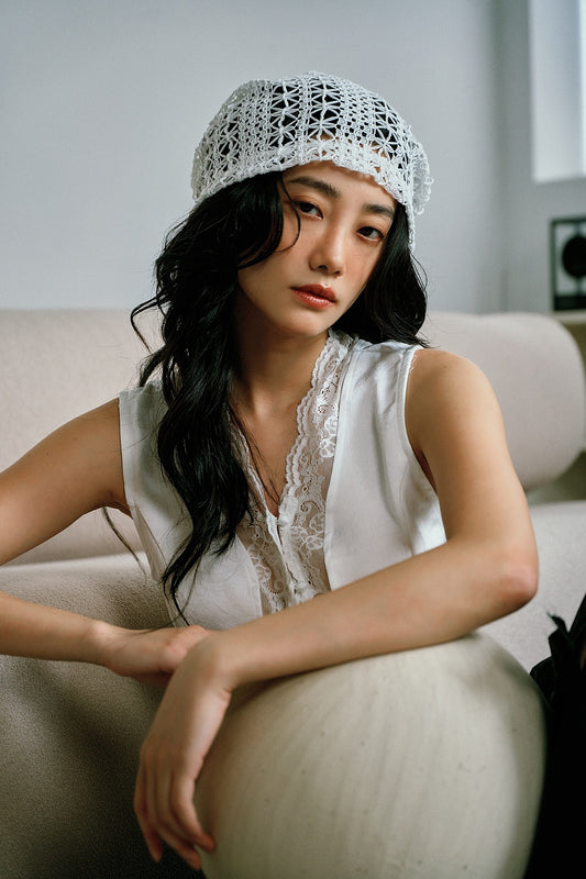 鏤空針織堆堆帽(白)