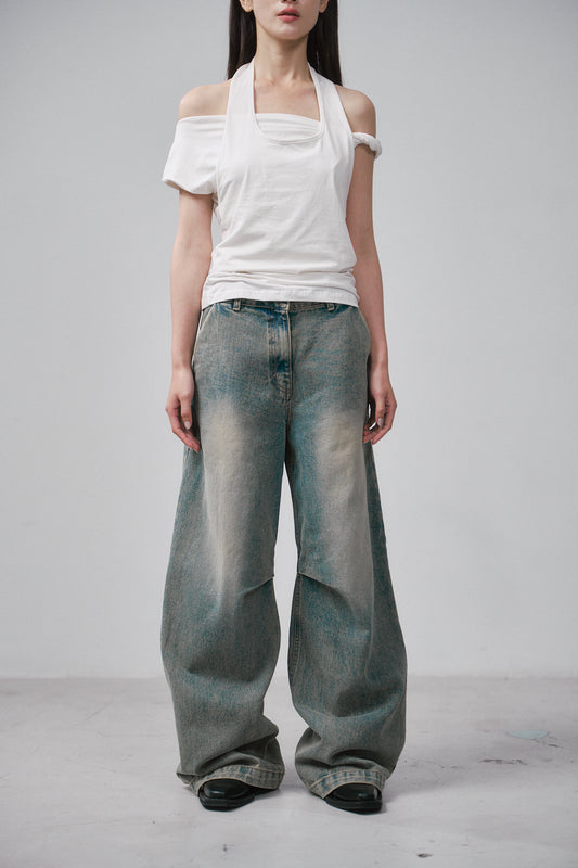 水洗丹寧彎刀褲(藍)