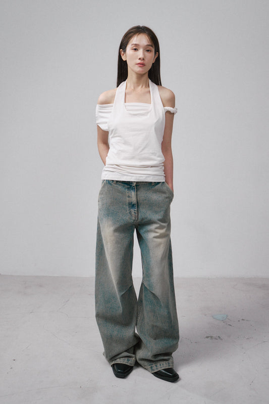 扭結假兩件上衣(白)