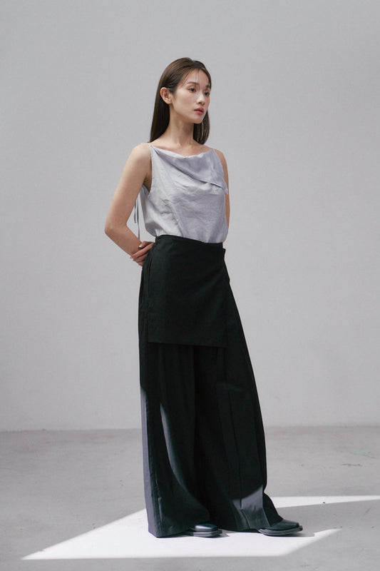 不對稱百褶落地褲(黑)