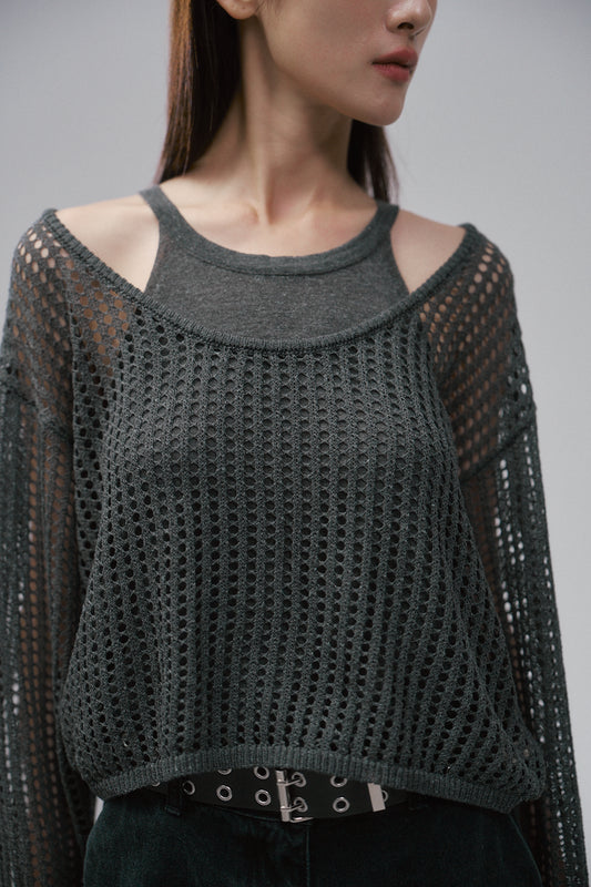 兩件式洞洞針織上衣(灰)