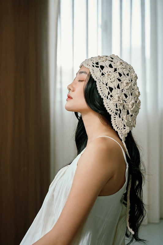 綁帶花型針織帽(米)