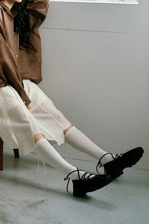 蝴蝶結透膚及膝襪(白)