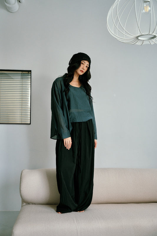 天絲涼感抽繩長褲(黑)