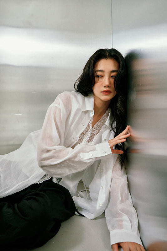 麻紗後開衩襯衫(白)